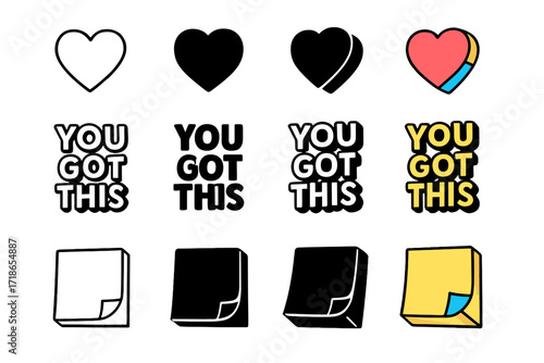 Supportive Icon Collection. Icon Set of Supportive Messages: Heart emoji, Uplifting text, Sticky note. Icons set in vector style, emblematic variations. Heart