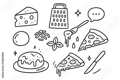 Cheese Doodle Icons. Hand-drawn doodle illustration Cheesy pizza topping cheese wedge, grater, mozzarella ball, shredded cheese,