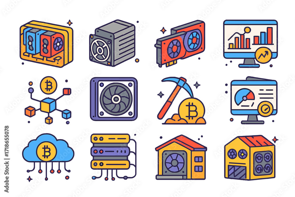 Naklejka premium Colorful Bitcoin Mining Icons. Colorful isometric vector icons set of bitcoin mining and technology: bitcoin mining rig, ASIC