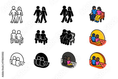 Shared Moments Icons. Icon Set of Shared Moments: Walking together, Sitting on bench, Watching sunset. Icons set in vector style, emblematic variations.