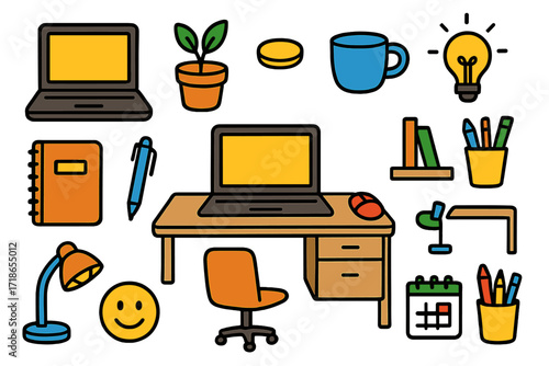 Colorful Desk Doodle. Colorful Hand-drawn doodle Children illustration Minimalist Desk Setup laptop, tidy notebook, pen, lamp, plant pot, coaster, cup, smiley