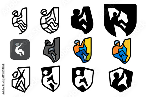 Rock Climber Logo Grid. Set Logo of Rock Climber: Climber ascending a cliff. Logo set in vector style, emblematic variations. line, bold thick line, solid