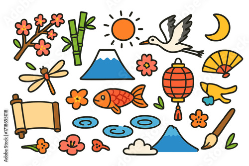 Haiku Motif Doodle. Haiku. Colorful Hand-drawn doodle Children illustration cherry blossom, bamboo, crane bird, mountain, sun, koi