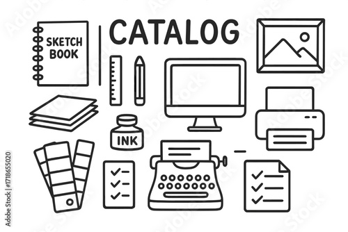 Creative Design Tools. Print Design. Hand-drawn doodle illustration catalog cover, sketchbook, pencil, ruler, paper stack, ink bottle, typewriter, computer