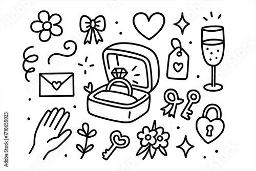 Wedding Ring Doodle. Hand-drawn doodle illustration Wedding ring in a case [ring, jewelry box, heart, sparkle, flower, ribbon, bow, star, champagne glass,