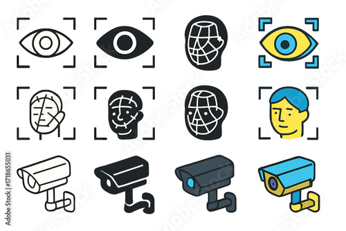 Biometric Icon Set. Icon Set of Biometric Access: Eye scan, 3D face mesh, Recognition camera. Icons set in vector style, emblematic variations. Eye scan line,