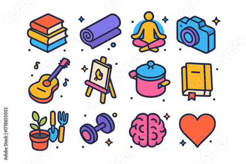 Personal Growth Icons. Personal growth. Colorful isometric vector icons set of personal growth: stack of books, yoga mat, meditation pose, musical instrument,