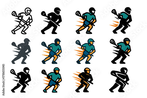 Dynamic Lacrosse Logo Grid. Set Logo of Fast-Paced Sports: lacrosse shot in motion. Logo set in vector style, emblematic variations. line, bold thick line,
