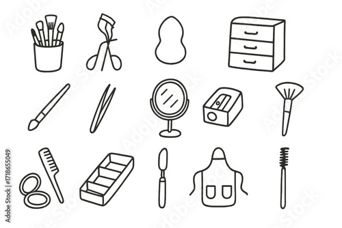 Makeup Tools Doodle. Hand-drawn doodle illustration makeup tools and organizers brush set, eyelash curler, beauty blender, storage drawer, lip brush, tweezer,
