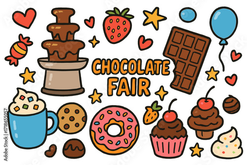 Chocolate Fair Doodles. Colorful Hand-drawn doodle Children illustration Chocolate fair chocolate fountain, chocolate bar, candy,