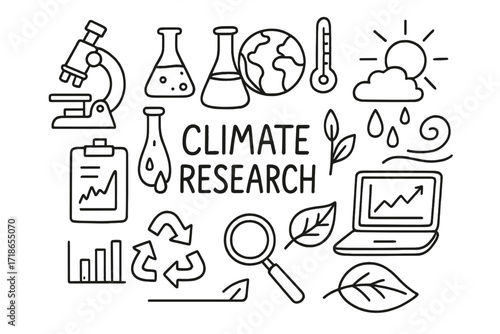 Climate Science Icons. Hand-drawn doodle illustration climate research lab microscope, test tube, flask, globe, thermometer, cloud, sun, raindrop, wind swirl,