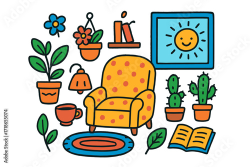 Cozy Corner Illustration. Cozy Corner. Colorful Hand-drawn doodle Children illustration Cozy Corner chair, potted plant, cactus, shelf, hanging pot, tea cup,