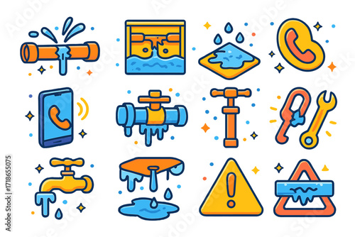 Winter Plumbing Icons. Colorful isometric vector icons set of winter plumbing emergencies: water spraying from pipe, burst basement pipe, flooding floor, pan