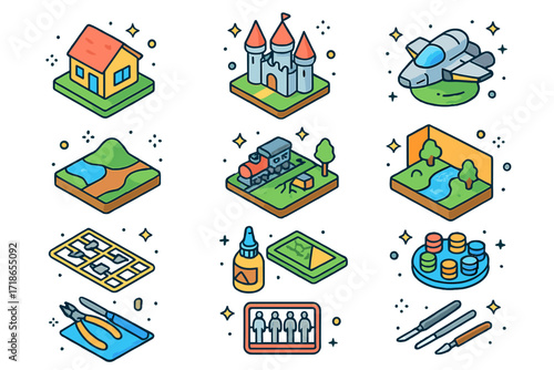 Colorful Miniature Icon Set. Miniature building. Colorful isometric vector icons set of miniature building: scale house model, fantasy castle, sci-fi