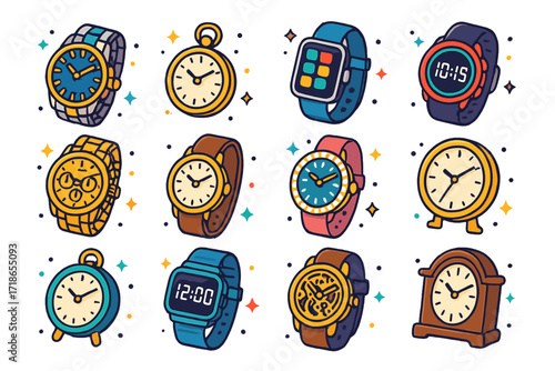 Colorful Watch Icons. Watches. Colorful isometric vector icons set of watches: luxury wristwatch, pocket watch, smart watch, sports watch, golden chronograph,