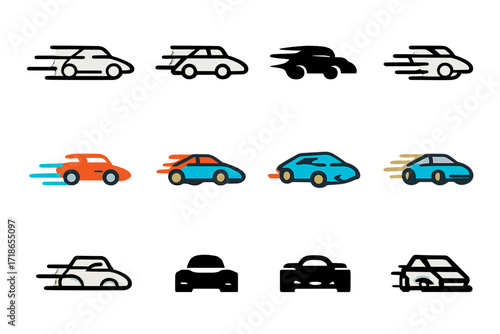 Dynamic Race Car Logos. Set Logo of Fast-Paced Sports: race car with motion trails. Logo set in vector style, emblematic variations. line, bold thick line,