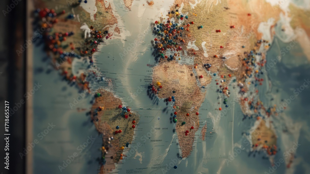 Naklejka premium Inspiring world map adorned with colorful pins marking global destinations and adventures, igniting wanderlust for travel planning.
