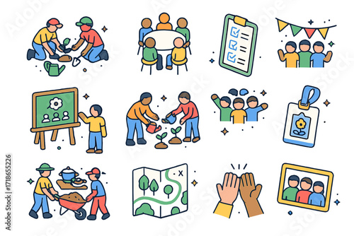 Garden Teamwork Icons. Colorful isometric vector icons set of garden teamwork and collaboration: two people planting, garden