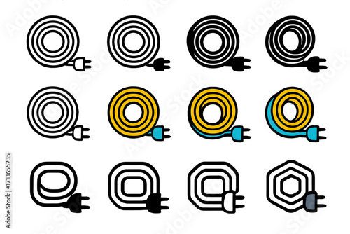 Neat Cable Logo Grid. Set Logo of Arranging office cables neatly: Coiled power cable. Logo set in vector style, emblematic variations. line, bold thick line,