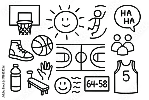 Sunset Basketball Doodle. Hand-drawn doodle illustration Sunset basketball session hoop, sun icon, ball, court lines, sneakers, water bottle, bench, hand up,
