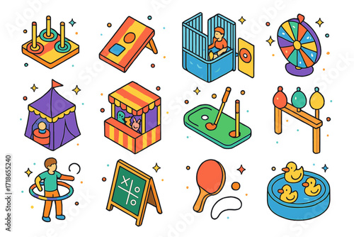 Festival Game Icons. Colorful isometric vector icons set of outdoor festival games and activities: ring toss, bean bag throw, dunk