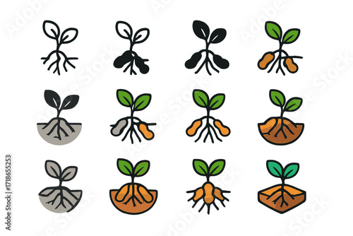 Resilient Peanut Logos. Set Logo of Climate-resistant crops: Hardy peanut root. Logo set in vector style, emblematic variations. line, bold thick line, solid
