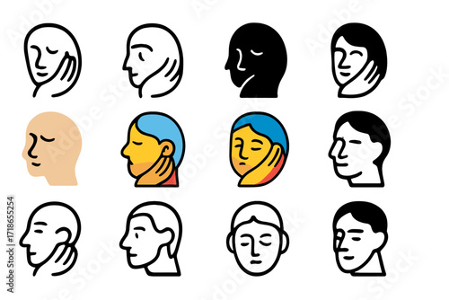 Deep Sigh Logos. Set Logo of Deep Sigh: Resting hand on cheek. Logo set in vector style, emblematic variations. line, bold thick line, solid black filled,