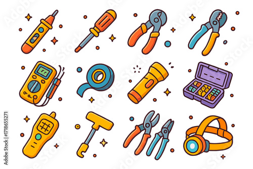 Electrician Tool Icons. Colorful isometric vector icons set of electrician’s tool belt gear: voltage tester, insulated screwdriver
