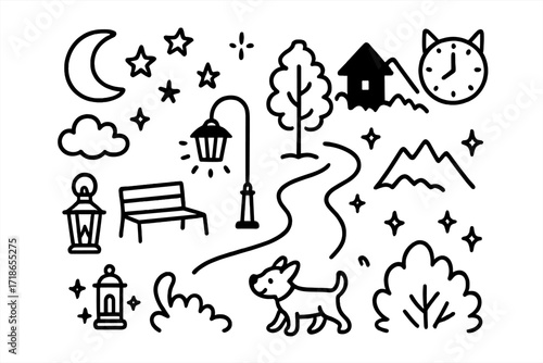 Nighttime Doodle Stroll. Hand-drawn doodle illustration Night walk [moon, stars, lantern, tree, bench, path, streetlamp, dog, cloud, sparkles, house