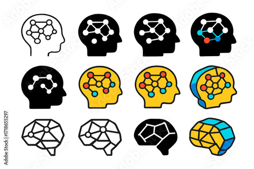 Cognitive Therapy Logos. Set Logo of Cognitive Therapy: Mind map chart. Logo set in vector style, emblematic variations. line, bold thick line, solid black
