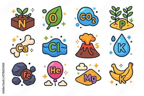 Isometric Chemistry Icons. Colorful isometric vector icons set of chemistry in nature: nitrogen in soil, oxygen in tree leaf, carbon dioxide bubble, phosphorus