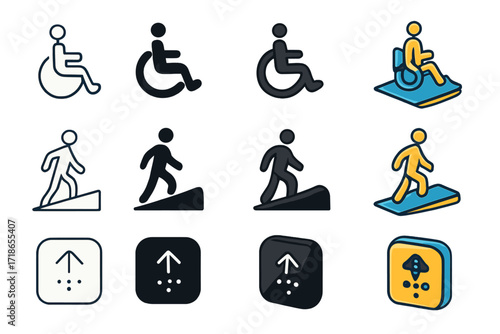 Accessibility Icon Set. Icon Set of Accessibility Rights: Wheelchair, Ramp access, Elevator button with braille. Icons set in vector style,