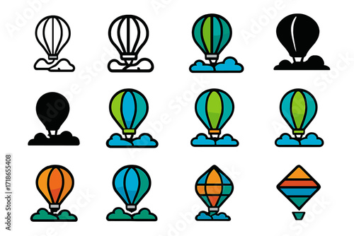 Balloon Logo Variations. Set Logo of Fresh Breeze: Balloon drifting. Logo set in vector style, emblematic variations. line, bold thick line, solid black