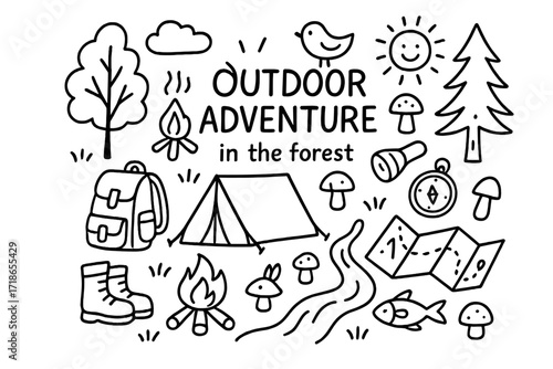 Forest Adventure Doodle. Outdoor Adventure in the Forest. Hand-drawn doodle illustration outdoor adventure in the forest trees, tent, backpack, campfire,