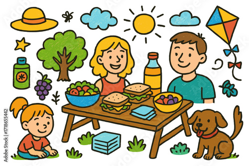 Family Picnic Doodle. Colorful Hand-drawn doodle Children illustration Family picnic sandwiches, picnic table, fruit bowl, juice bottle, sunhat, smiling