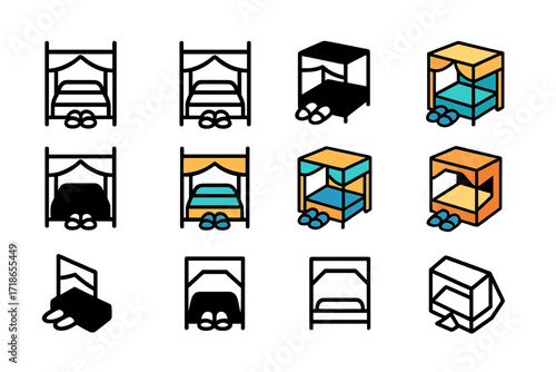 Slippers Logo Grid. Set Logo of Slippers by the Bedside: Slippers under Canopy Bed. Logo set in vector style, emblematic variations. line, bold thick line,