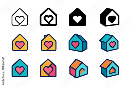Elderly Care Logo Design. Set Logo of Elderly Care and Support: Home with heart. Logo set in vector style, emblematic variations. line, bold thick line, solid