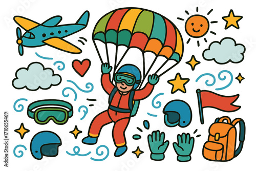 Skydiving Adventure Icons. Skydiving. Colorful Hand-drawn doodle Children illustration parachute, airplane, goggles, helmet, jumpsuit, star, heart, sparkle,