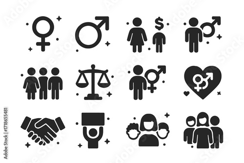 Gender Equality Icons. Gender Equality. Solid icons set of female symbol, male symbol, gender-neutral symbol, equal pay, diverse workplace, balance scale,