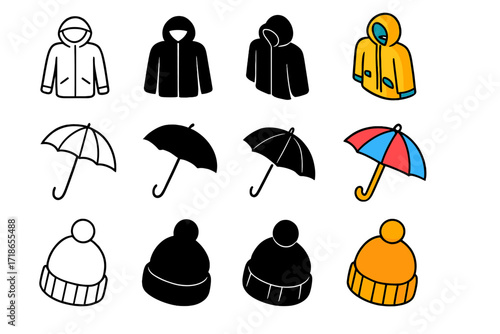 Weather Icon Set. Icon Set of Weather Readiness: Rain jacket, Umbrella, Warm hat. Icons set in vector style, emblematic variations. Rain jacket line, Rain