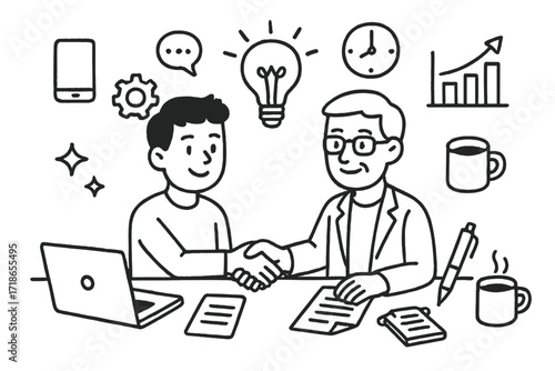 Startup Collaboration Doodles. Hand-drawn doodle illustration A young entrepreneur collaborating with a mentor on a new startup [two figures, handshake, light