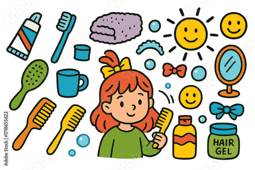 Colorful Morning Routine. Colorful Hand-drawn doodle Children illustration Morning hair routine comb, hairbrush, toothpaste, toothbrush, cup, towel, sun,
