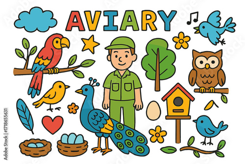 Colorful Bird Aviary. Bird aviary. Colorful Hand-drawn doodle Children illustration parrot, peacock, owl, birdhouse, tree, feather, egg, heart, star,