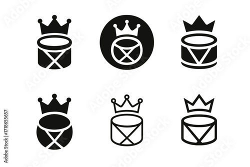 Musical Emblem Variations. music legend. Set Logo of music legend: drum with crown. harmonious logo variations of the same emblematic concept, each with