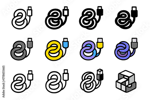 Colorful Charger Logo Grid. Set Logo of Tangle: Phone charger cords. Logo set in vector style, emblematic variations. line, bold thick line, solid black