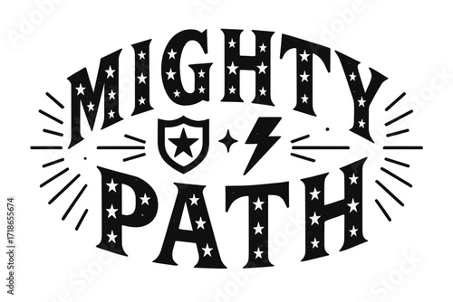 Mighty Path Display Lettering. Mighty Path ? Decorative Display Lettering, arched letters filled with stars, shields, and lightning icons, framed