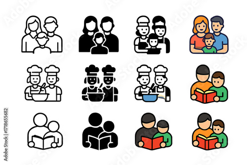 Family Bonding Icons. Icon Set of Family Bonding: Parents and child, Siblings cooking, Reading together. Icons set in vector style