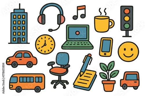 City Work Doodles. Colorful Hand-drawn doodle Children illustration City work ambiance [skyscraper, laptop, headphones, music note, traffic light, coffee mug,