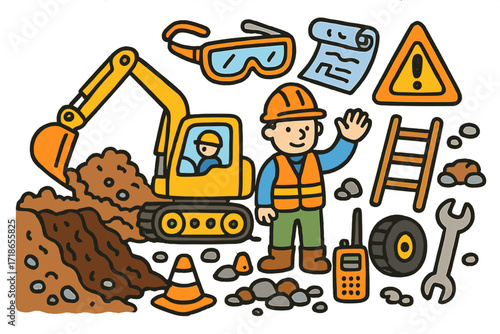 Construction Doodle Fun. Colorful Hand-drawn doodle Children illustration Digging with machinery backhoe, construction worker, safety cone, soil, scoop bucket,