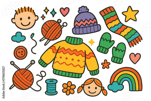 Knitted Doodle Delight. Colorful Hand-drawn doodle Children illustration Knitted Sweaters yarn ball, knitting needles, sweater,